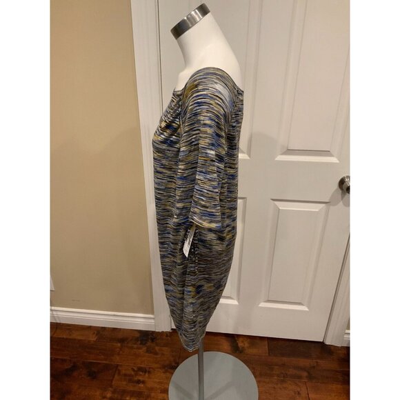 BCBG Max Azria Blue, Yellow, Gray & Black Striped Dress W/ Side Cinch, Size S - Picture 3 of 5